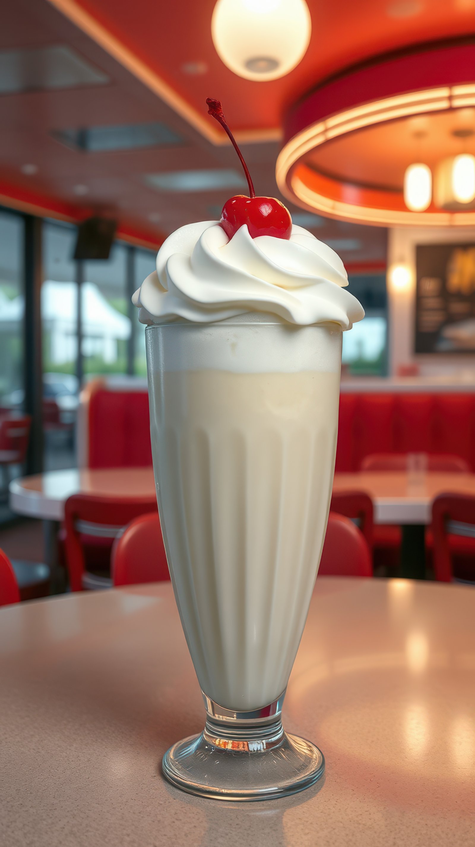 Whipped cream topped milkshake with cherry served in a diner during daytime